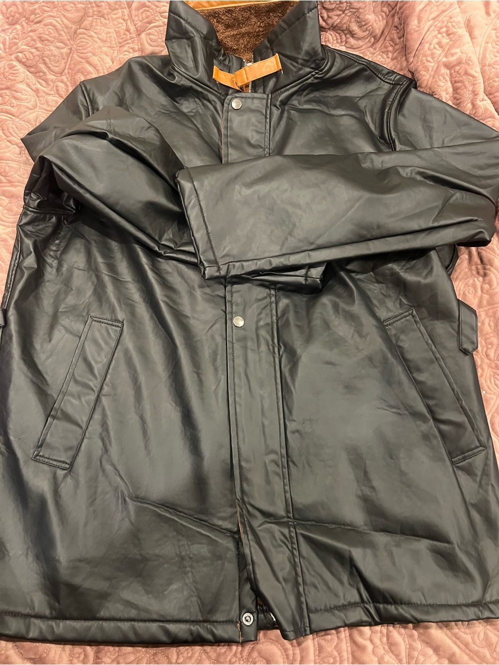 Men's Black Trench Coat with Faux-Leather Finish